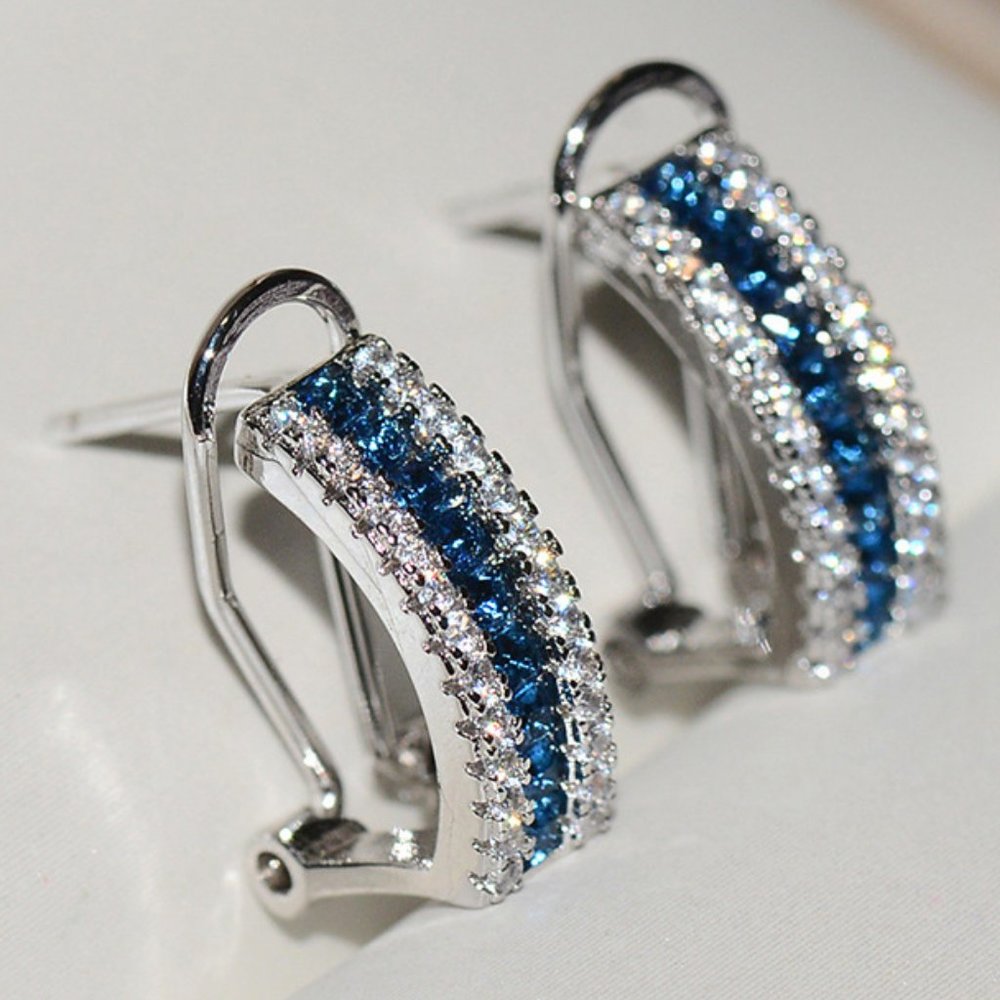 NEW Silver Pave Baguette Blue Sapphire Round Diamond Omega Stud Earrings